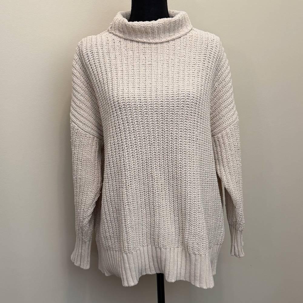 Aerie Women S Chunky Knit Cream Mock Neck Sweater Drop Shoulder Ribbed Oversized